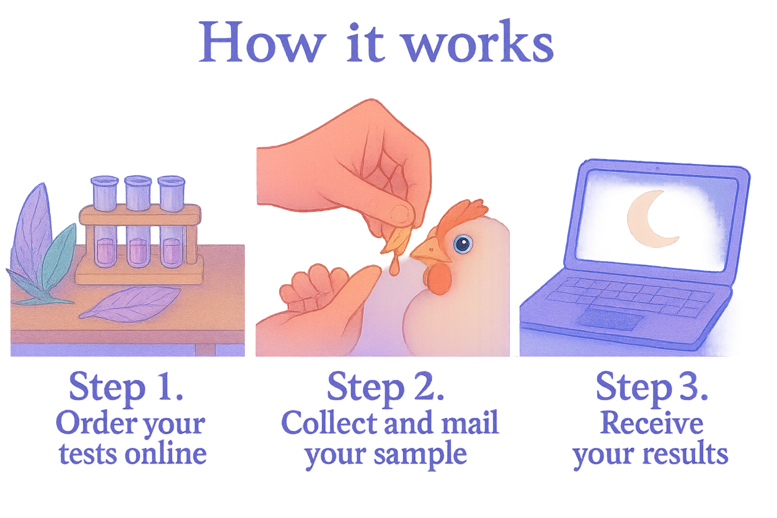 How it works. Step one, order your tests online. Step two, collect and mail your sample. Step three, receive your results.