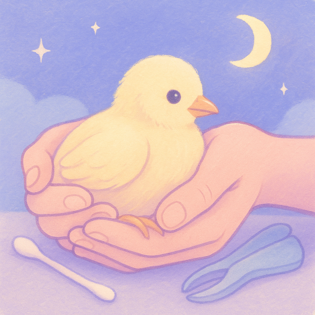 Hands supporting a small bird calmly