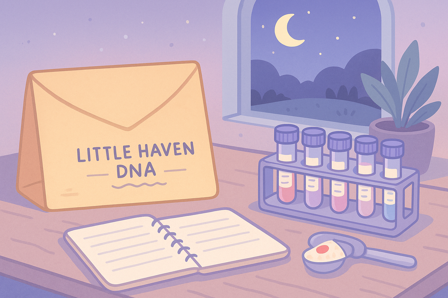 Little Haven lab scene with envelope and test tubes