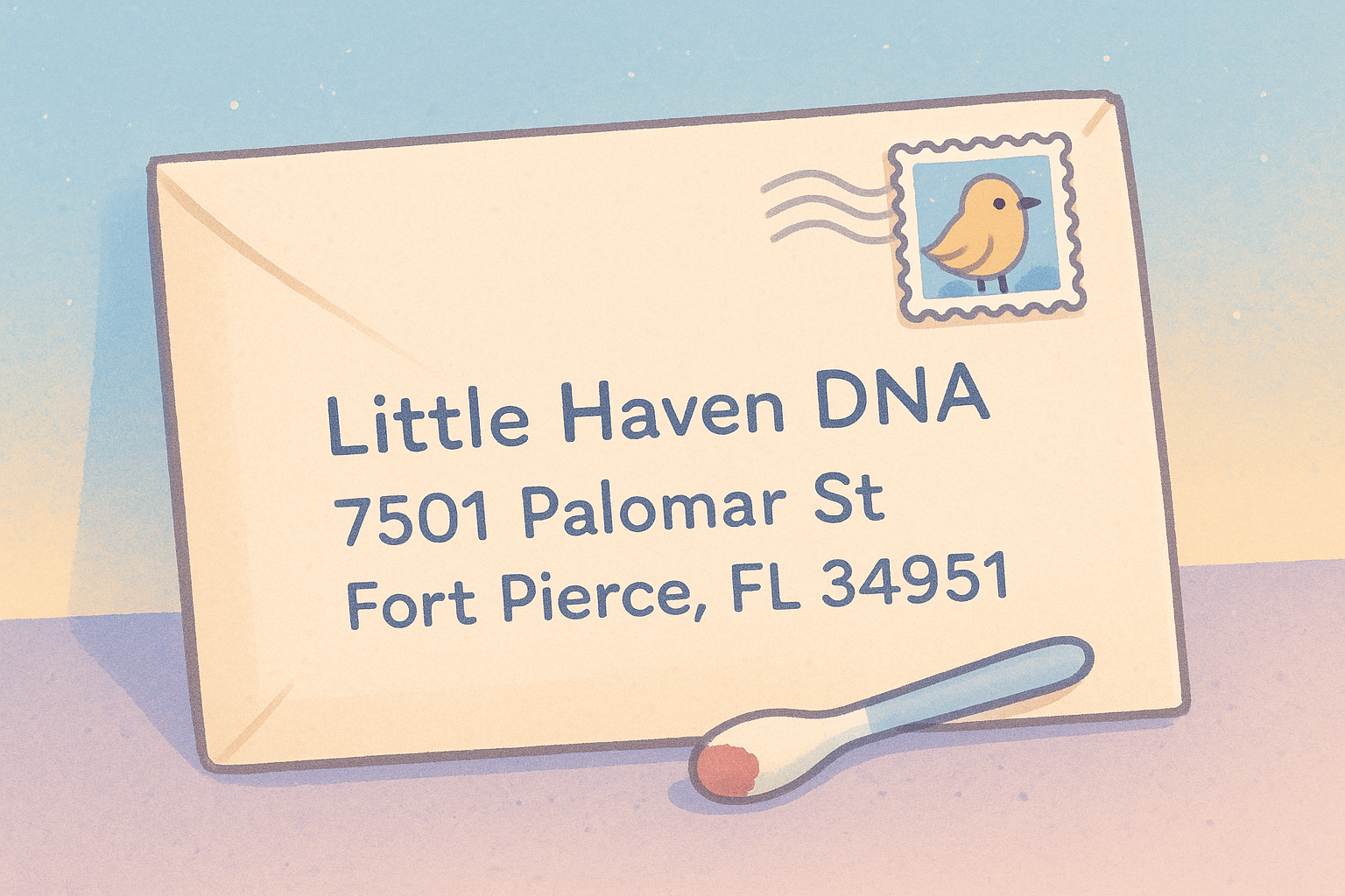 Envelope labeled Little Haven DNA with a small bird stamp