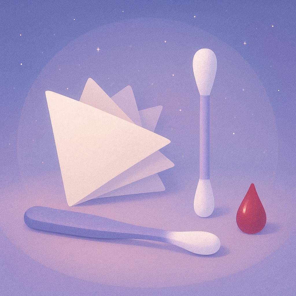 Coffee filter triangle, paper triangle, and tiny drop of blood