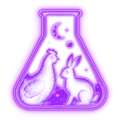 Little Haven: a chicken and rabbit together inside a glowing laboratory flask