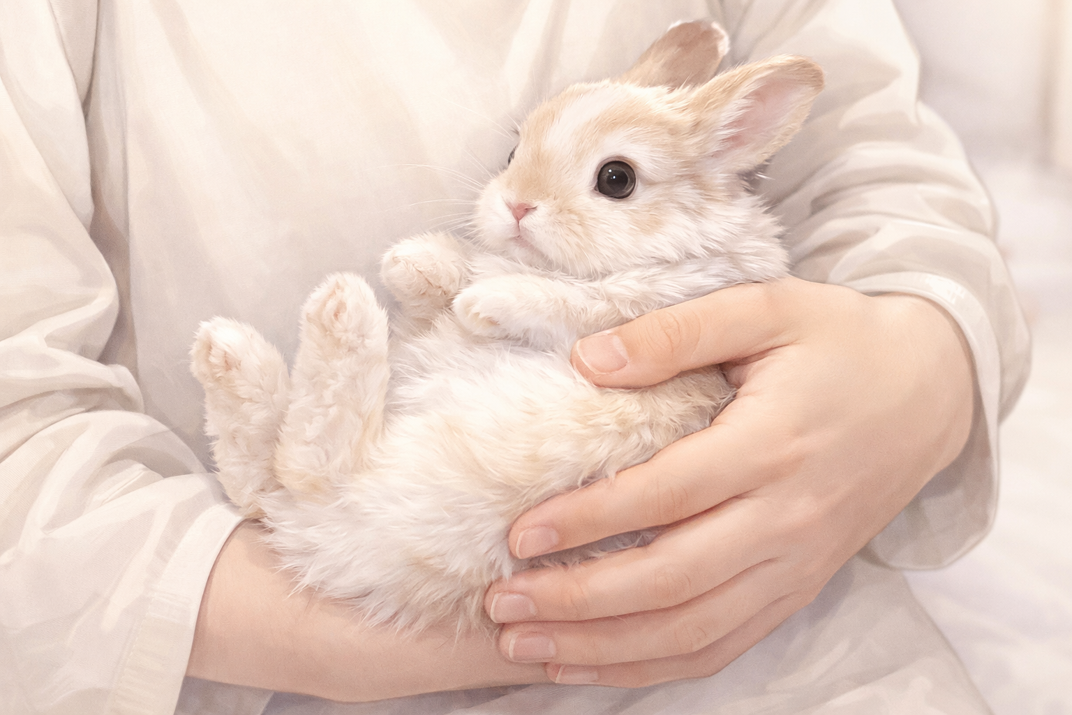Hands handling a rabbit calmly